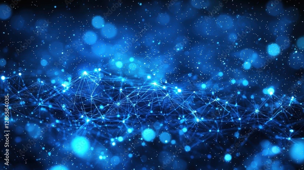 Poster striking blue background featuring a network of interconnected lines creating a futuristic aesthetic