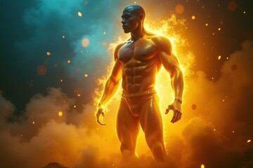 Fototapeta premium Firefighter Wearing Helmet. Muscular bald man glowing flames surrounde