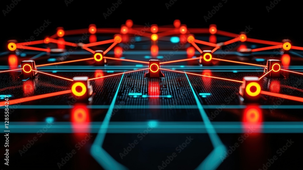 Poster detailed close-up of circuit board featuring a bright red led light indicating power and functionali