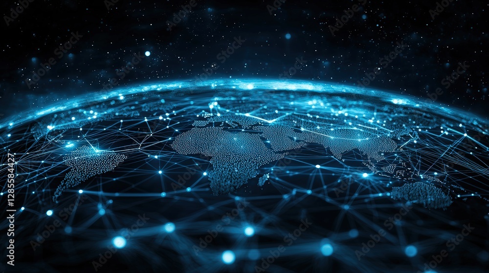 Poster stunning world map illuminated with a brilliant blue glow representing global connectivity and unity