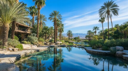 Obraz premium Palm trees, reflecting pool, desert resort, sunny day, tranquil scene, background mountains, ideal for relaxation, advertising tourism