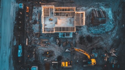 Aerial drone photography capturing an active construction site with various heavy machinery and equipment in excavators cranes and transportation vehicles