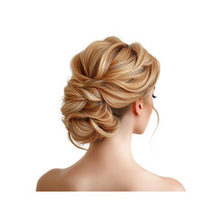 A stylish and elegant updo hairstyle featuring wavy, blonde hair intricately arranged.