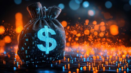 Glowing bag of money with vibrant and colorful bokeh background representing financial success wealth accumulation and prosperity  The image conveys the concepts of investment savings revenue growth