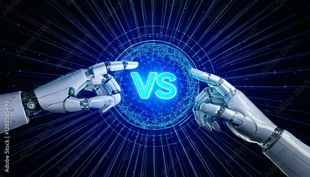 Poster a futuristic concept showing two robotic hands facing each other with the word 