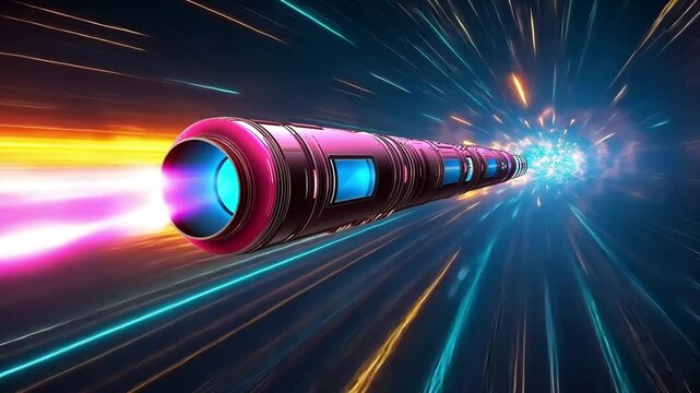 Against a backdrop of stars, a bright pink rocket with a blue window travels into space, leaving behind it colourful streams of light.