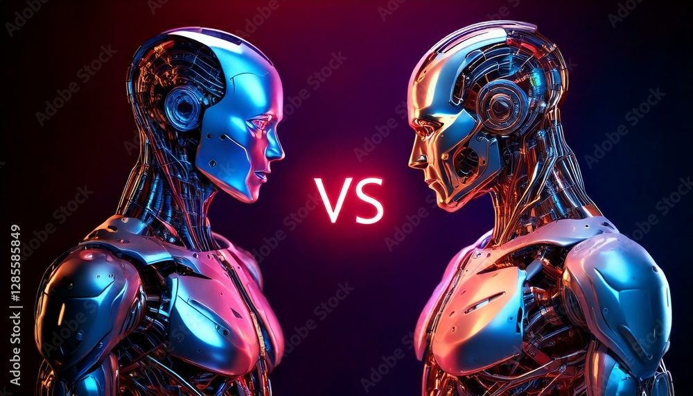 Poster two robotic figures facing each other with the word 