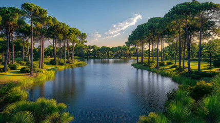 Lakeside Pine Trees Sunset Golf Course