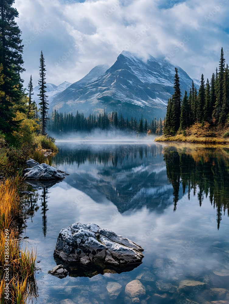 Poster scenic mountain reflections in tranquil lake surrounded by dense evergreen forest : generative ai