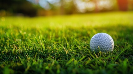 Obraz premium Golf ball resting on lush green grass, symbolizing focus and precision in a serene setting. 