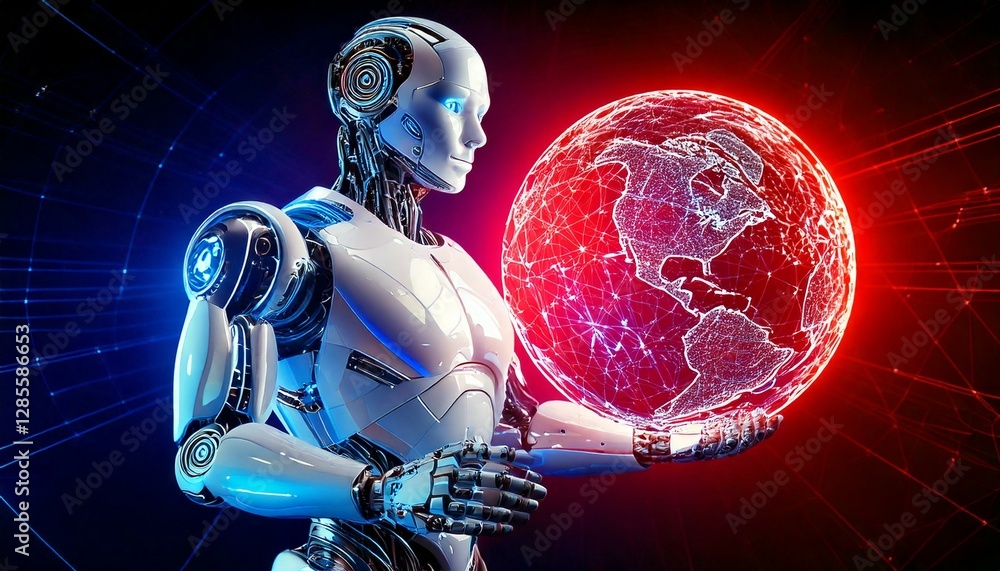 Poster a futuristic robot holding a digital globe with a red and blue background, symbolizing technology an