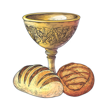A hand-drawn vector-style illustration of a sacred golden chalice, carefully designed with ornate patterns, placed at the center, transparent background, PNG