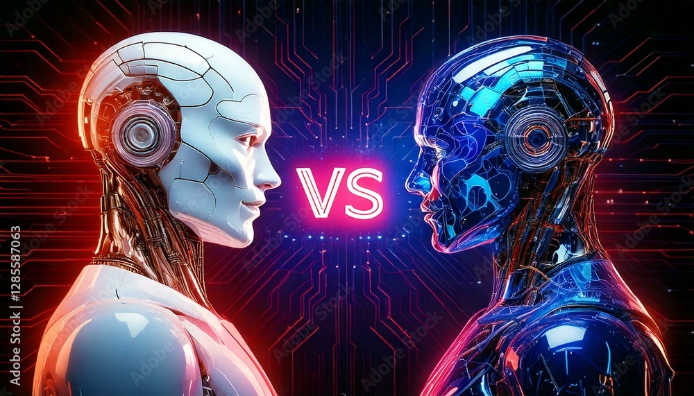Poster two futuristic robots facing each other with a 