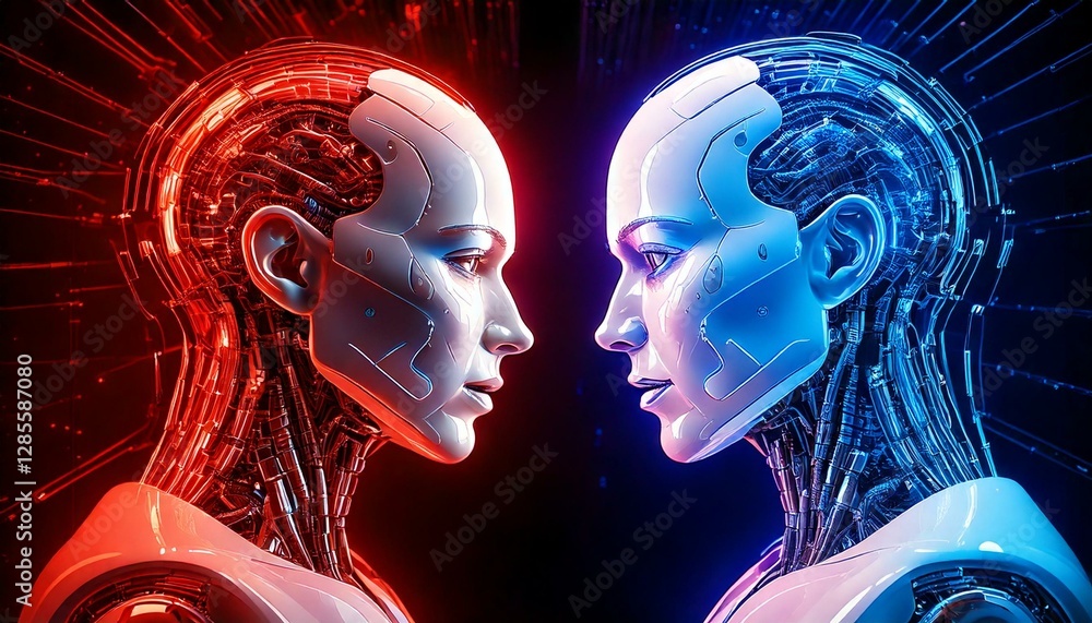 Poster two futuristic robot heads facing each other in a contrast of red and blue colors, suggesting advanc