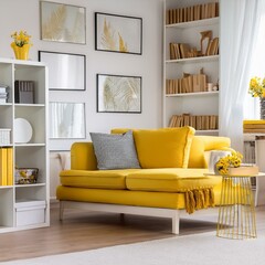 White and yellow living room corner with bookcase