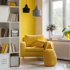 White and yellow living room corner with bookcase
