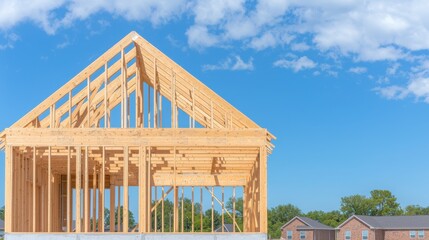 Wooden frame construction of new residential home on sunny day with blue sky and clouds in rural countryside setting