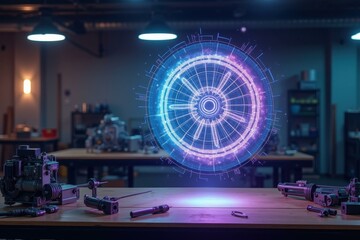 Wheel is spinning on table with lot of tools