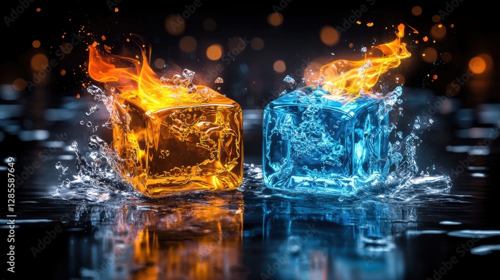Poster fiery ice cube colliding and exploding into a dynamic colorful and captivating abstract art backgrou