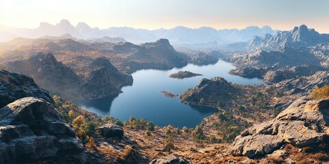 Serene Mountain Lake: Breathtaking View of Autumnal Landscapes,  Tranquil Waters Reflecting Majestic Peaks in Golden Hour