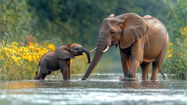 Playful elephant calf and mother in shallow water african wilderness wildlife photography natural habitat close-up view - Powered by Adobe