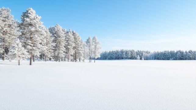 Frosty pines in snowy field, winter landscape, serene background, ideal for calendar