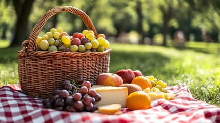 Wicker picnic basket brimming with fresh grapes and tasty treats on checkered blanket in park