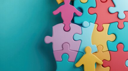 Obraz premium Diverse and colorful puzzle pieces coming together to symbolize the importance of inclusive growth in achieving success and overcoming challenges