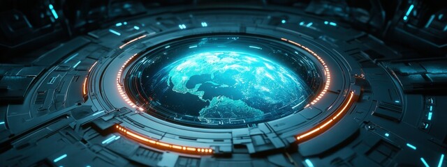 Futuristic Interface with Earth View Surrounded by High-Tech Elements in Sci-Fi Style