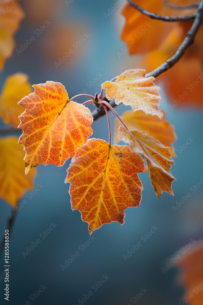 Poster Vibrant Autumn Leaves Closeup with Frost in a Tranquil Setting : Generative AI
