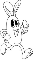 Minimalist Outline Cartoon Bunny Holding Easter Egg retro style hand-drawn illustration