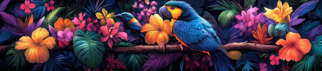 Fototapeta premium Vibrant Tropical Birds and Colorful Exotic Flowers in Lush Jungle. Generative AI