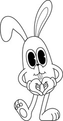 Minimalist Outline Cartoon Bunny Making Heart Gesture retro style hand-drawn illustration