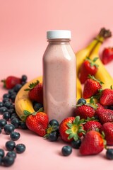 Vibrant smoothie surrounded by fresh fruit, creating an inviting and healthy snack display.