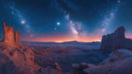 Obraz premium Gaze upon a mesmerizing starry night sky, with the moon and planets shining brightly above a rugged and desolate rocky landscape