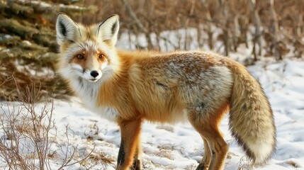 Obraz premium Wild fox observing its surroundings in a snowy forest nature photography wildlife environment close-up view