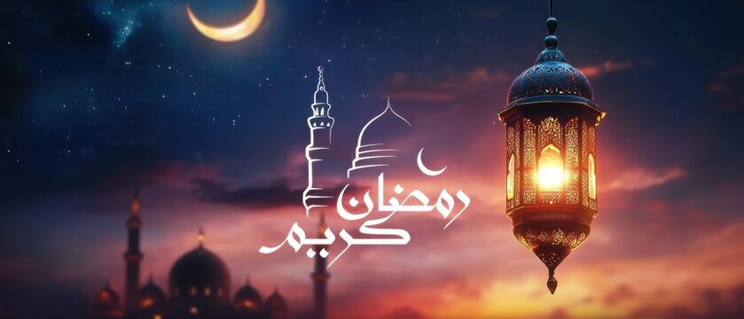 Ramadan Kareem greeting with illuminated lantern, crescent moon, and mosque silhouette against a twilight sky Islamic holy month celebration, faith, and spirituality concept