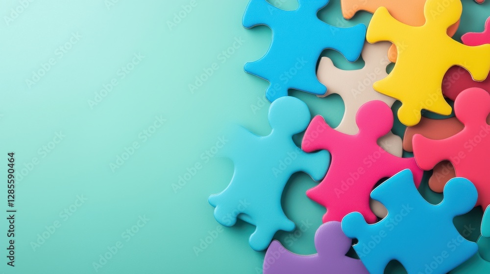 Poster vibrant and colorful puzzle pieces coming together to form an abstract geometric pattern representin