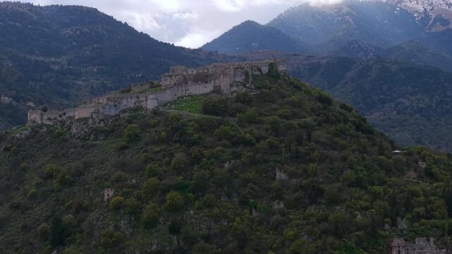 Aerial view on Mystras or Mistras is a fortified town and a former municipality in Laconia, Peloponnese, Greece. Situated on Mt. Taygetus, above ancient Sparta.