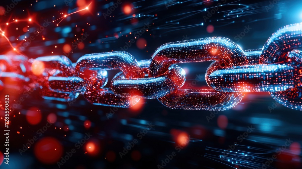 Poster luminous digital chains in futuristic space atmosphere with glowing particles and neon lights abstra