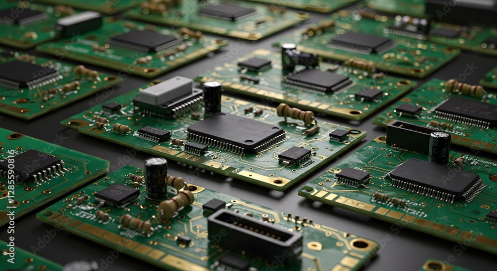 Poster multiple green circuit boards with integrated microchips and components