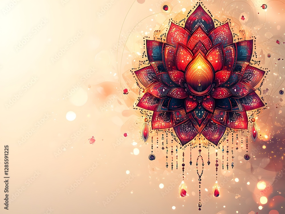 Poster glowing circular tribal mandala pattern with delicate symbolic design on soft beige background