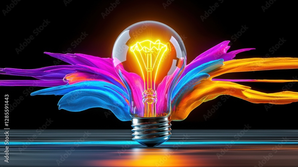 Poster vibrant and dynamic image of a glowing lightbulb surrounded by colorful abstract shapes representing