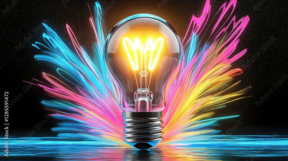 Poster colorful illuminated light bulb with vibrant neon colors and abstract surreal burst of energy repres