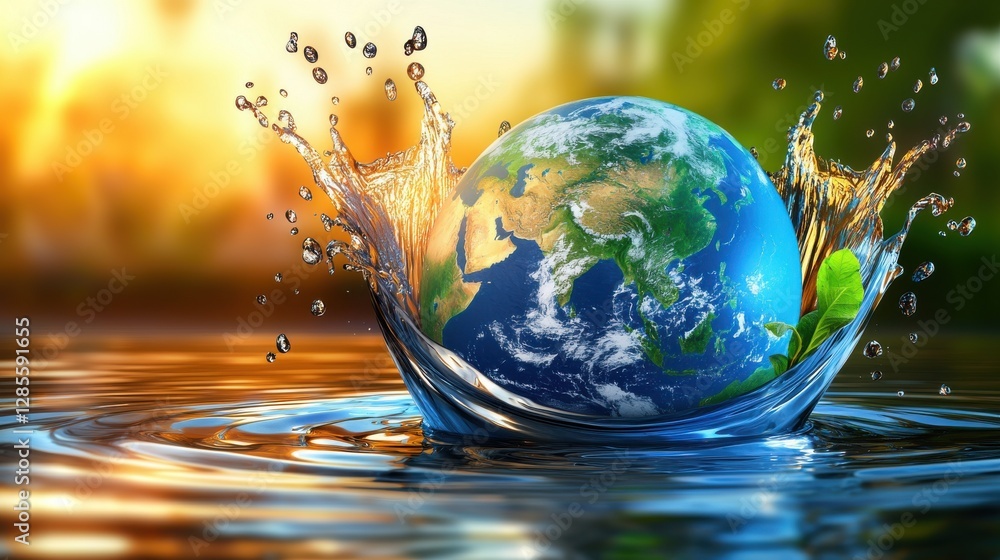 Poster conceptual image depicting a globe emerging from water symbolizing the importance of environmental c