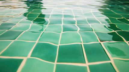 A close-up of a vibrant green mosaic pattern on pool water, with intricate geometric shapes and reflections. 