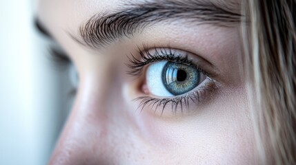 Obraz premium Close-up of a woman's eye with long lashes, soft light, blurred background, conveying quiet introspection. 