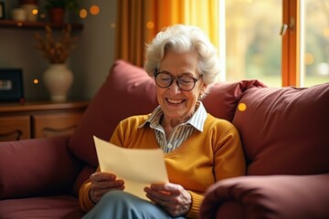 Elderly woman is reading letter on couch