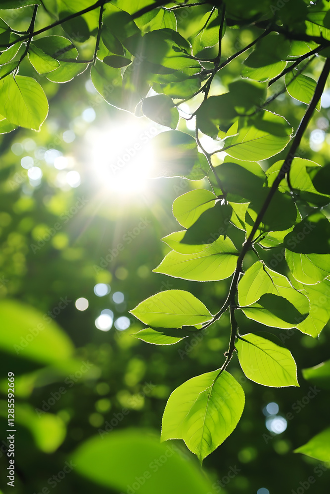 Leinwandbilder serene sunlight filtering through lush green leaves in a peaceful forest setting : generative ai