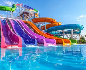 A waterpark with vibrant colorful slides